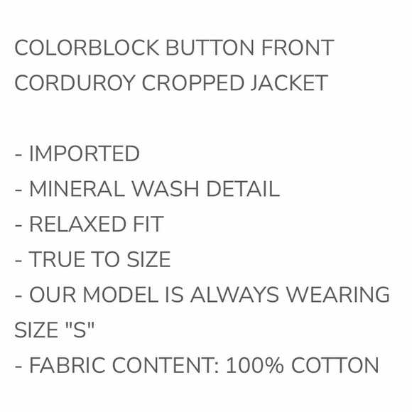 282 🇺🇸OLI & HALI COLORBLOCK BUTTON FRONT CORDUROY CROPPED
JACKET - Picture 4 of 4